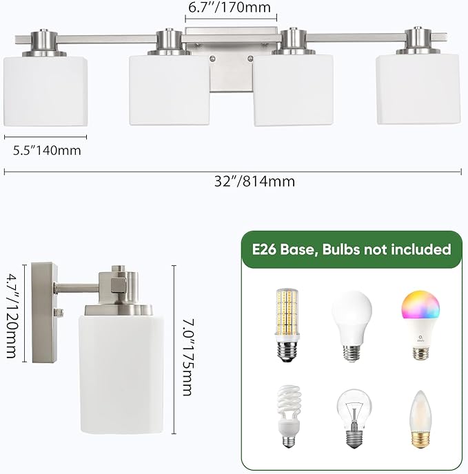 32 Inch Brushed Nickel Vanity Light for Bathroom 4 Light Bathroom Light Fixtures Over Mirror Milk Glass Makeup Shower Lamp Farmhouse Wall Sconce Modern Desk Vintage Rustic Bath Sink Lighting