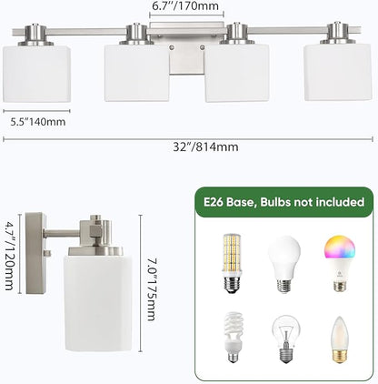 32 Inch Brushed Nickel Vanity Light for Bathroom 4 Light Bathroom Light Fixtures Over Mirror Milk Glass Makeup Shower Lamp Farmhouse Wall Sconce Modern Desk Vintage Rustic Bath Sink Lighting