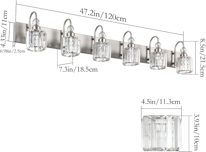 Ralbay Crystal Brushed Nickel Vanity Light for Bathroom 6 Light Modern Bathroom Lighting Fixtures Over Mirror