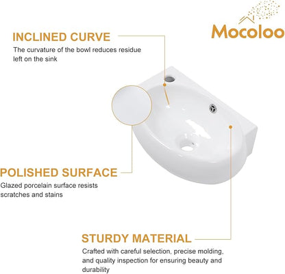 Mocoloo Wall Mounted Bathroom Sink Right Corner Floating Sinks with Faucet Hole 16" White ADA Compliant Ceramic Bathroom Sink Wall Hung Porcelain with Overflow Hole Hand Basin