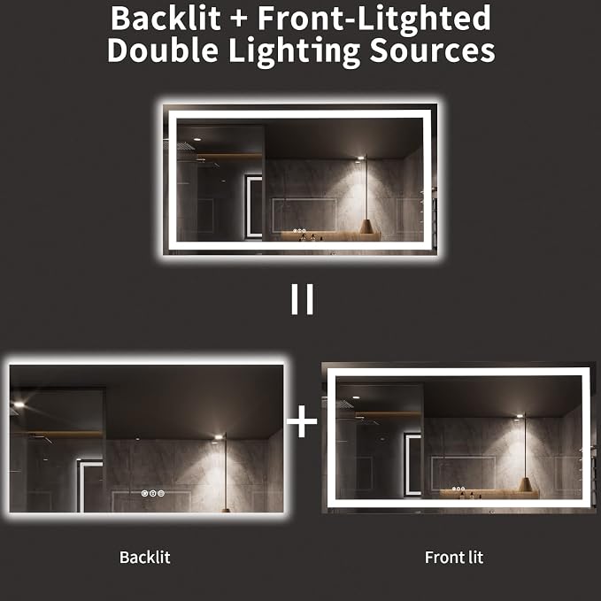 LOAAO 72X40 LED Bathroom Mirror with Lights, UL Listed | Anti-Fog, Dimmable, 3 Color Temperature, Backlit + Front Lit, Memory Function, Tempered Glass