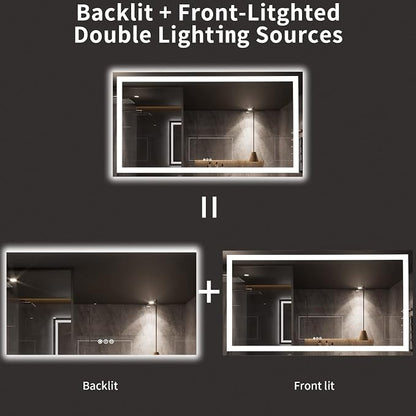 LOAAO 72X40 LED Bathroom Mirror with Lights, UL Listed | Anti-Fog, Dimmable, 3 Color Temperature, Backlit + Front Lit, Memory Function, Tempered Glass