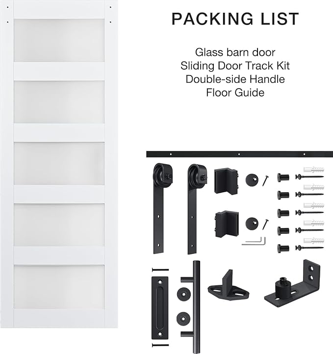 32in x 80in 5-Panel Sliding Glass Barn Door with 4ft Hardware Kit | Easy Assembly with Pre-Drilled Holes, Waterproof, Frosted Glass for Bathroom-Fit Max Opening 30in x 78in