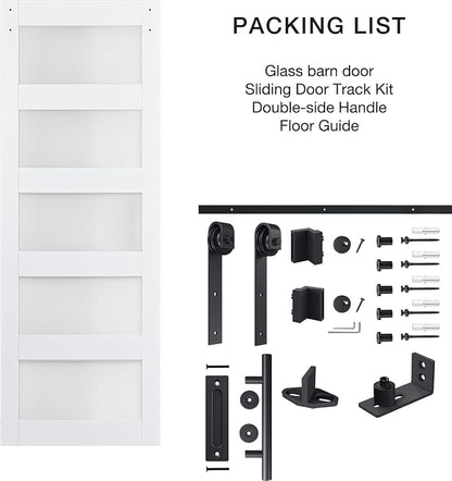 32in x 80in 5-Panel Sliding Glass Barn Door with 4ft Hardware Kit | Easy Assembly with Pre-Drilled Holes, Waterproof, Frosted Glass for Bathroom-Fit Max Opening 30in x 78in