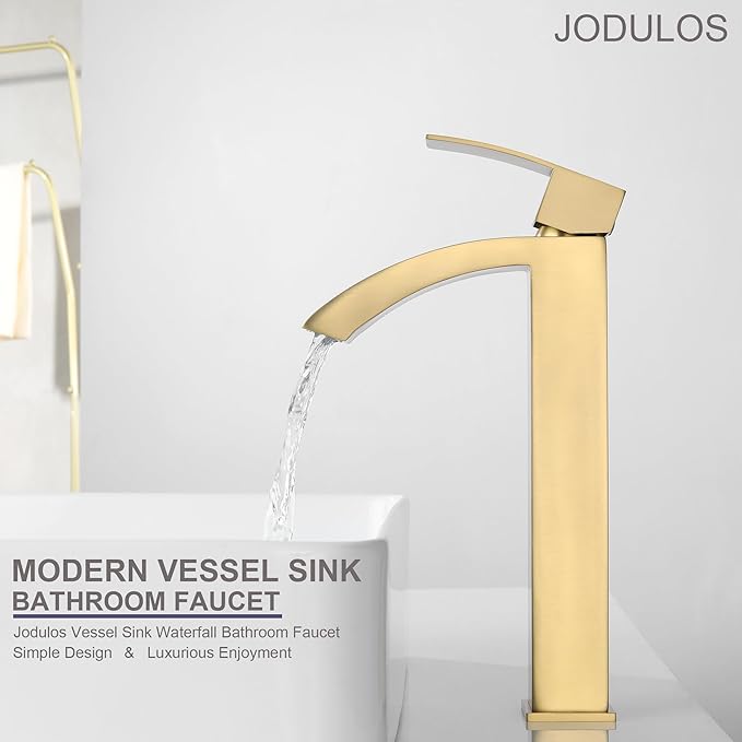 Brushed Gold Vessel Sink Faucet, Tall Bathroom Faucet, Single Hole Single Handle Waterfall Bathroom Sink Faucet with cUPC Supply Hose and Metal Pop Up Drain JU-BS101-BG