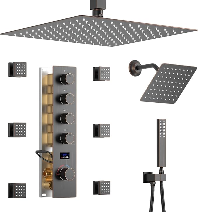 Oil Rubbed Bronze Shower System Temperature Display Shower Set | 12 inch and 8 inch Full Body Shower Head, with 6 PCS Body Jet and Handheld Spray