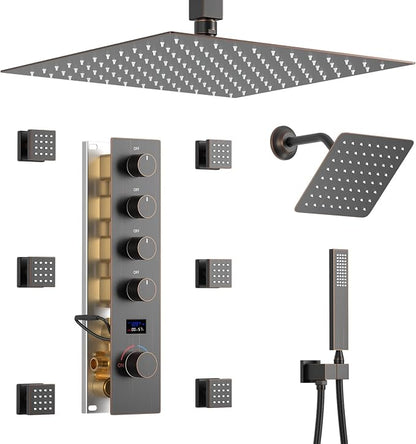 Oil Rubbed Bronze Shower System Temperature Display Shower Set | 12 inch and 8 inch Full Body Shower Head, with 6 PCS Body Jet and Handheld Spray