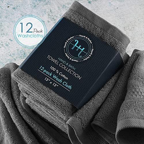Hearth & Harbor Washcloths 12 Pack - 100% Cotton Washcloth for Body and face, High Absorbent and Soft 13"x13" Body Wash Cloth, Quick Dry - Dark Grey Washcloths