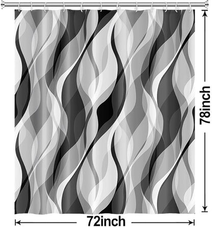 Grey Shower Curtain, Modern Abstract Black and Grey Striped Shower Curtain Set for Bathroom Waterproof White Gray Shower Curtain with Hooks, 72x78 Inch