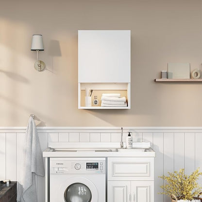 Wall Mounted Storage Cabinets with Lights, Over-The-Toilet Storage Vanity, Bathroom Medicine Organizer Adjustable Shelves Cabinet for Small Spaces (White)