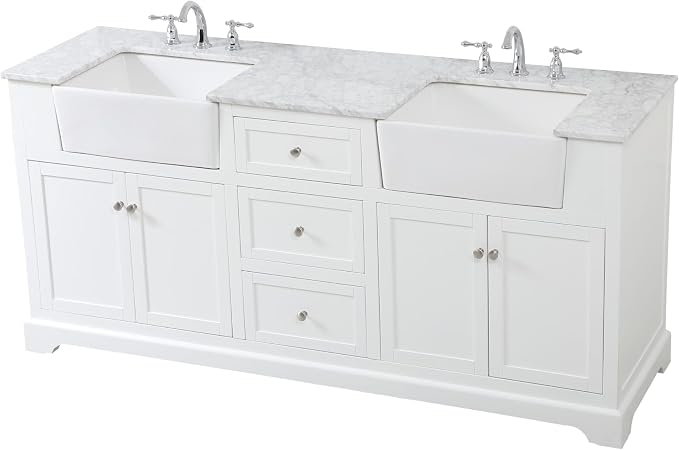 72" Pre-Assembled Bathroom Vanity with Sink, Solid Birch and MDF, Carrara White Marble Countertop Attached, Double Rectangle Porcelain Sink, 3 Soft-Close Drawers, White