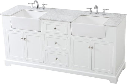 72" Pre-Assembled Bathroom Vanity with Sink, Solid Birch and MDF, Carrara White Marble Countertop Attached, Double Rectangle Porcelain Sink, 3 Soft-Close Drawers, White