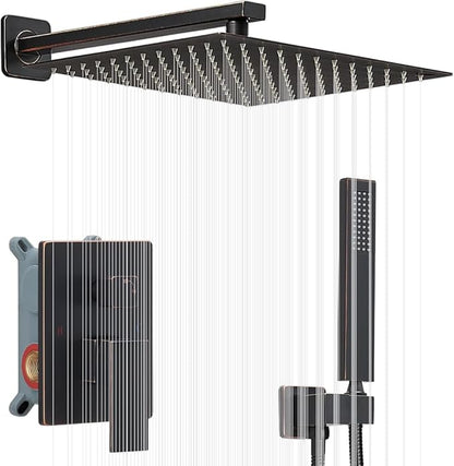 Oil Rubbed Bronze Shower System 12 Inch Bathroom Rain Mixer Shower Combo Set Wall Mounted Rainfall Shower Head and Handheld System Shower Faucet Set Rough-in Valve Body and Trim Kit