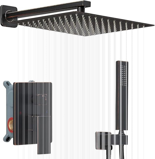 Oil Rubbed Bronze Shower System 12 Inch Bathroom Rain Mixer Shower Combo Set Wall Mounted Rainfall Shower Head and Handheld System Shower Faucet Set Rough-in Valve Body and Trim Kit