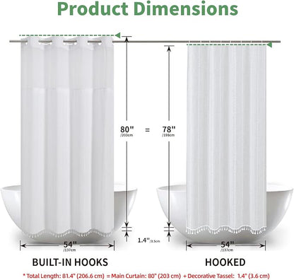 eachope No Hook Long Shower Curtain Set with Snap-in Fabric Liner,Linen Ultra Thick Fabric with Tassels,Boho Chic Modern Farmhouse Country Neutral Cloth Shower Curtains for Bathroom,White,71x80 | 330GSM Thick Linen Textured Striped,Boho Farmhouse Rusti...