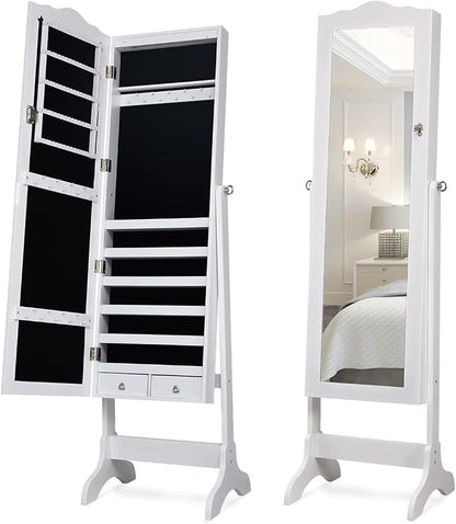Giantex Jewelry Armoire Organizer with Full Length Mirror, 14 LEDs Floor Standing Jewelry Cabinet with 2 Drawers, 4 Adjustable Angles, Lockable Jewelry Storage Box Cabinet (White)