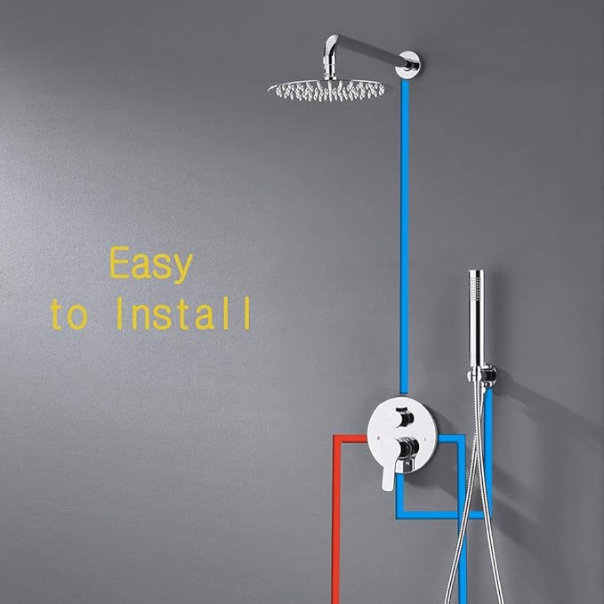 TIPOK Shower System with Rain Shower and Handheld, Bathroom Chrome Shower Faucet with High Pressure, Round Rain Shower Trim Kit