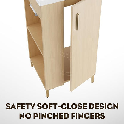 Pre-Assembled 16 Inch Small Bathroom Vanity, Freestanding Oak Bathroom Cabinet with Ceramic Sink, Soft-Close Door, Left Side Storage, No Faucet, BV05-16-OAK-PLUS