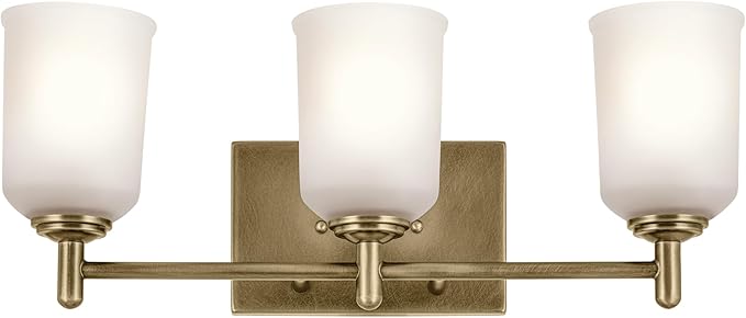 KICHLER Shailene 21" 3-Light Vanity Light with Clear Satin Etched Glass in Natural Brass for Over a Vanity, Updated Traditional Style, (21" x 8.25"), 45574NBR