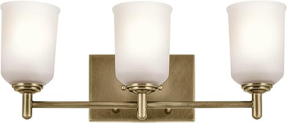 KICHLER Shailene 21" 3-Light Vanity Light with Clear Satin Etched Glass in Natural Brass for Over a Vanity, Updated Traditional Style, (21" x 8.25"), 45574NBR