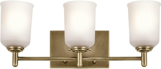 KICHLER Shailene 21" 3-Light Vanity Light with Clear Satin Etched Glass in Natural Brass for Over a Vanity, Updated Traditional Style, (21" x 8.25"), 45574NBR