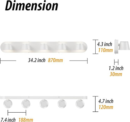URSOLA 5 Light Bathroom Vanity Light LED White Wall Light Fixtures Up and Down Rotatable Dimmable 34 inch Bathroom Lighting