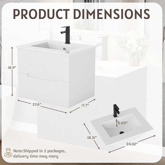EROMMY 24 Inch Bathroom Vanity with Sink, Floating Bathroom Vanity with Ceramic Basin, Wall Mounted Bathroom Sink Cabinet Set with Soft-Close 2 Drawers, Faucet & Pop Up Drain, White