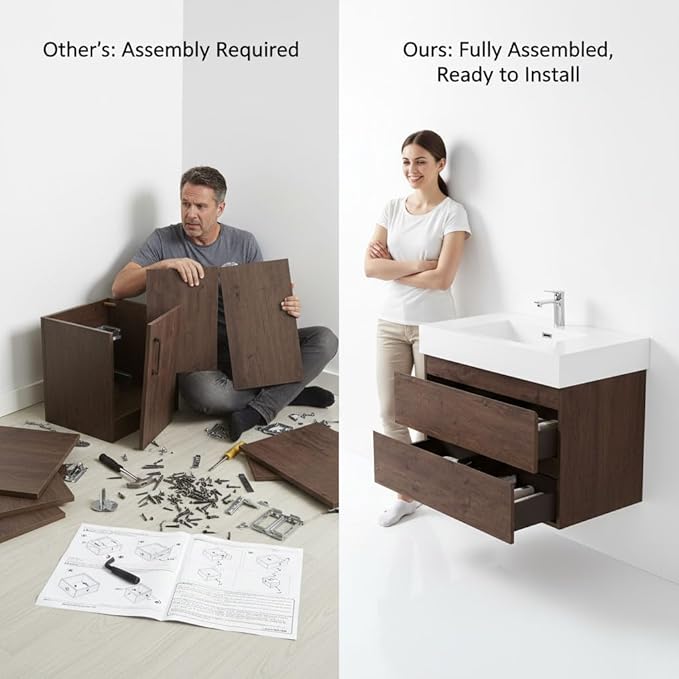 36" Floating Bathroom Vanity with Sink, Modern Bathroom Cabinet with Top and Soft Close Drawers, Spacious Storage for Small Space, Walnut - Lavanda Collection