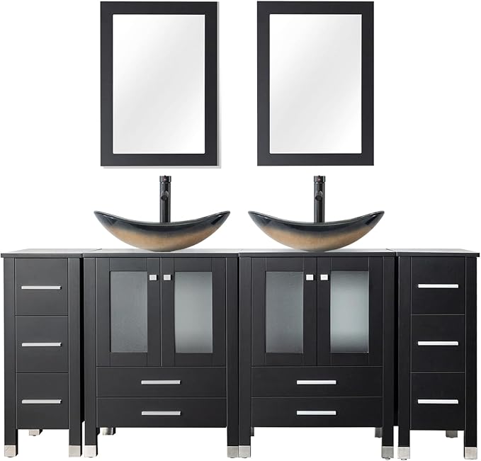 LUCKWIND 72" Double 24-in Bathroom Vanity with Sink Combo, Elegant Series with Two 12.6-in Side Cabinets, Painted Frame, Including Champagne Boat Sinks, Faucets Without Mirrors, Black