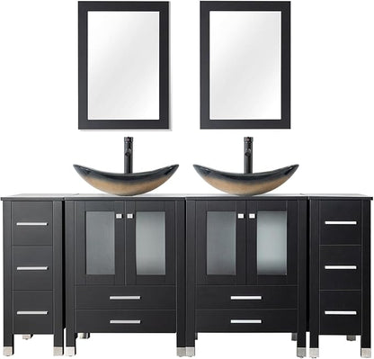 LUCKWIND 72" Double 24-in Bathroom Vanity with Sink Combo, Elegant Series with Two 12.6-in Side Cabinets, Painted Frame, Including Champagne Boat Sinks, Faucets Without Mirrors, Black