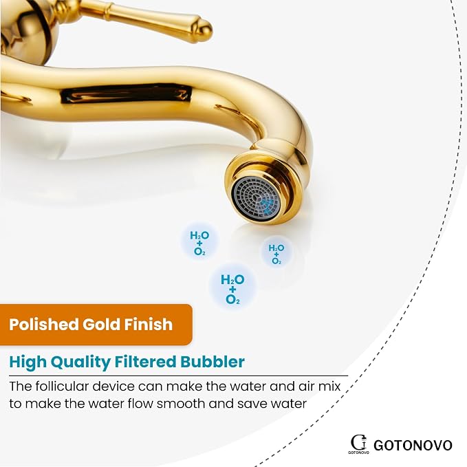 gotonovo Vintage Bathroom Vessel Sink Faucet, Polish Gold, with Drain | Tall Bathroom Faucet 1 Hole Single Handle, 360° Swivel Spout, cUPC Water Lines, Lead-Free, for Farmhouse Vanity Washbasin RV