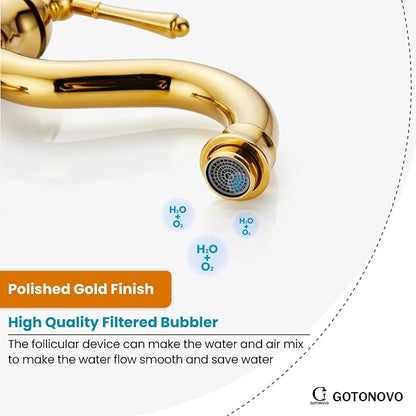 gotonovo Vintage Bathroom Vessel Sink Faucet, Polish Gold, with Drain | Tall Bathroom Faucet 1 Hole Single Handle, 360° Swivel Spout, cUPC Water Lines, Lead-Free, for Farmhouse Vanity Washbasin RV