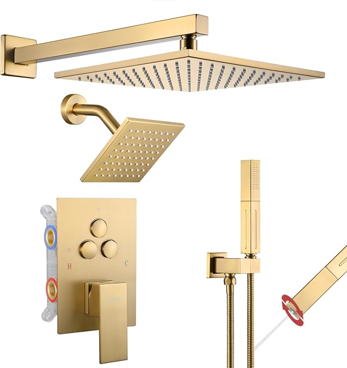 VANFOXLE Shower Faucet Set Brushed Gold Shower System,Push Button Diverter Shower Faucet with 2 in 1 Handheld, Wall Mount Increased Thickness 10 Inch Shower Head with 6 Inch Shower Head