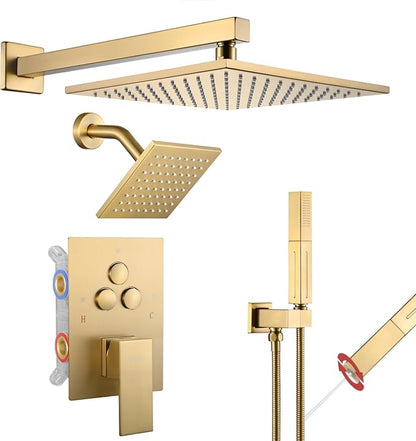 VANFOXLE Shower Faucet Set Brushed Gold Shower System,Push Button Diverter Shower Faucet with 2 in 1 Handheld, Wall Mount Increased Thickness 10 Inch Shower Head with 6 Inch Shower Head
