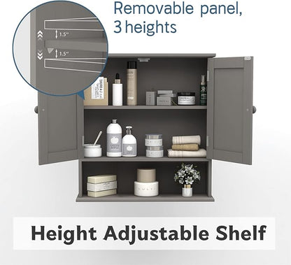 TaoHFE Grey Medicine Cabinet with Mirror, 2 Doors & 3 Open Shelves - Wall Mounted Wooden Storage Cabinet for Bathroom, Laundry or Kitchen