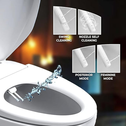 GenieBidet Right Side Bidet Toilet Seat Round - Round Bidet Toilet Seat with Adjustable Self-Cleaning Nozzles, Attachment, T Adapter & Bottle - Non Electric Bidet Seat
