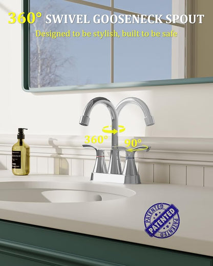 Chrome Bathroom Faucet 3 Hole 4 Inch Bathroom Sink Faucets | Stainless Steel 2 Handle Centerset Faucet for Bathroom Sink Vanity with Pop Up Drain and 4 Supply Hoses by Evolvegoods