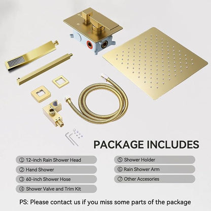Shower System Shower Faucet Set, STARBATH 12" Wall Mount Rain Shower Head and Handheld Spray for Two Person, Rainfall Shower System with Diverter Valve and Trim Kit Complete，Brushed Gold