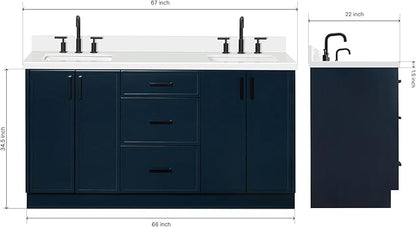 ARIEL Kelly 66-inch Bathroom Vanity with Sink,Solid Wood, 1.5-inch Pure White Quartz Countertop, Double Rectangular Porcelain Sink, 4 Soft Closing Doors, 5 Dovetail Drawers, Midnight Blue