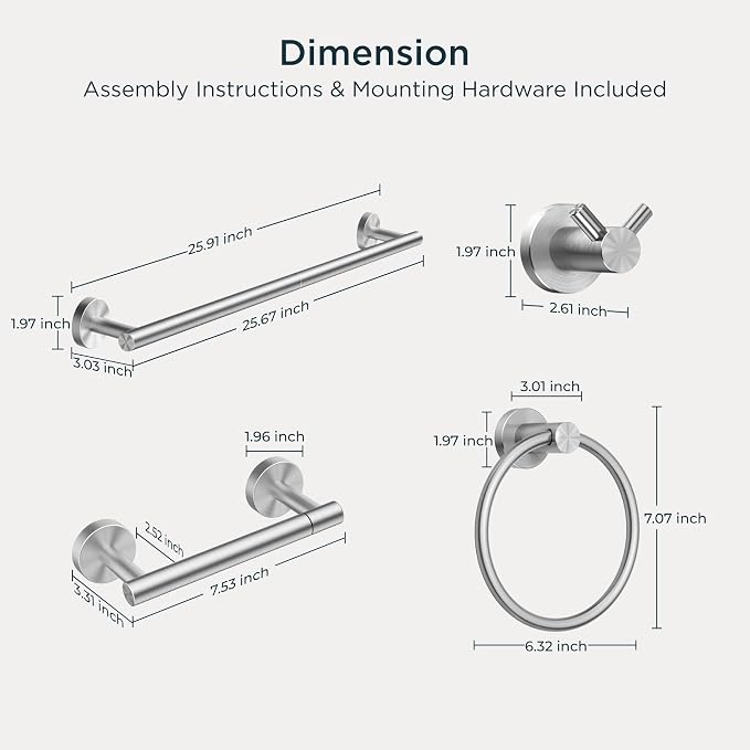 FORIOUS Bathroom Accessories, 4-Piece Bathroom Hardware Set - 24" Towel Bar | Brushed Nickel | Towel Hooks, Towel Racks for Bathroom, Toilet Paper Holder Wall Mounted, Towel Ring | SUS304 Stainless Steel