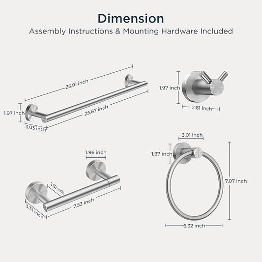 FORIOUS Bathroom Accessories, 4-Piece Bathroom Hardware Set - 24" Towel Bar | Brushed Nickel | Towel Hooks, Towel Racks for Bathroom, Toilet Paper Holder Wall Mounted, Towel Ring | SUS304 Stainless Steel