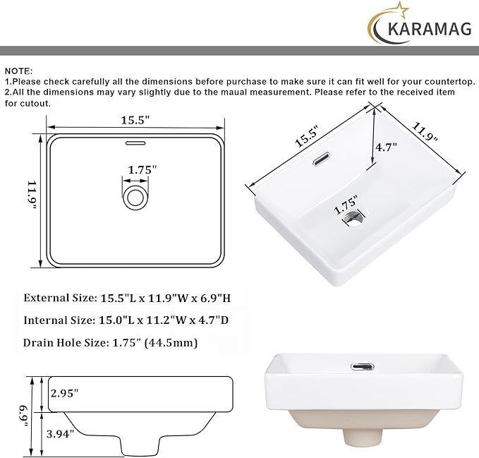 Small Bathroom Vessel Sink 15.5'' x 11.9'' Semi Recessed Bathroom Sink Rectangular Drop-in Vanity Sink with Overflow White Ceramic Modern Art Basin