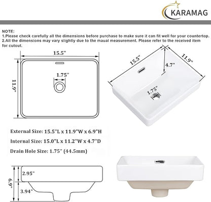 Small Bathroom Vessel Sink 15.5'' x 11.9'' Semi Recessed Bathroom Sink Rectangular Drop-in Vanity Sink with Overflow White Ceramic Modern Art Basin