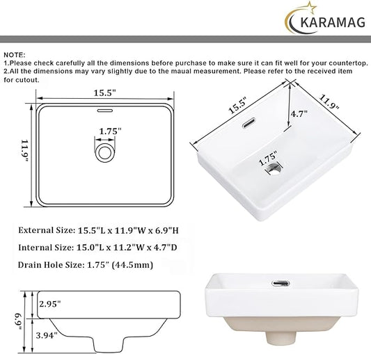 Small Bathroom Vessel Sink 15.5'' x 11.9'' Semi Recessed Bathroom Sink Rectangular Drop-in Vanity Sink with Overflow White Ceramic Modern Art Basin