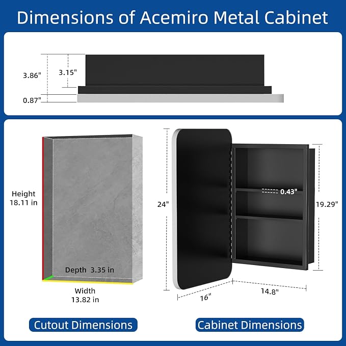 ACEMIRO 16x24 Inch Medicine Cabinet with Mirror Brushed Silver Metal Framed Recessed Bathroom Mirror Medicine Cabinet Wall Mounted