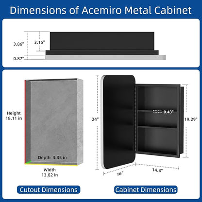 ACEMIRO 16x24 Inch Medicine Cabinet with Mirror Brushed Silver Metal Framed Recessed Bathroom Mirror Medicine Cabinet Wall Mounted