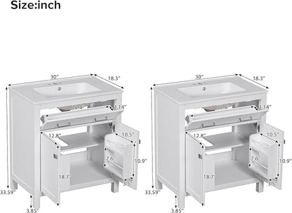 Harper & Bright Designs 60" Bathroom Vanity Set with Double Sink, Vanity Cabinet with Flip Drawer, 2 Doors, and Adjustable Shelf, Solid Wood Bathroom Cabinet with Ceramic Basin for Bathroom, White
