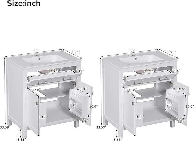 Favfurish 60" Double Bathroom Vanity,Free Standing Double Basin Vanity Set w/ 2 Ceramic Sinks,Adjustable Shelf & Soft Close Doors,Solid Wood Frame Storage Cabinet w/Flip Drawer,for Bathroom,White