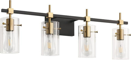 SOLFART Farmhouse Brass Bathroom Vanity Lights fixtures Over Mirror Vintage Bathroom Lighting Wall Sconce with Glass Shade 4 Lights