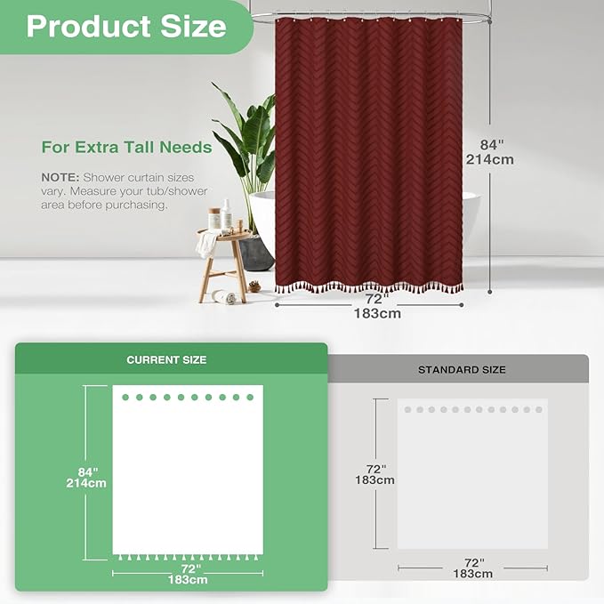 Dynamene Extra Long Shower Curtains, 84 Inch Long Boho Tufted Chevron Striped Fabric Shower Curtains for Bathroom, Tall Minimalist Chic Waterproof Cloth Shower Curtain Set with Hook, Burgundy, 72x84